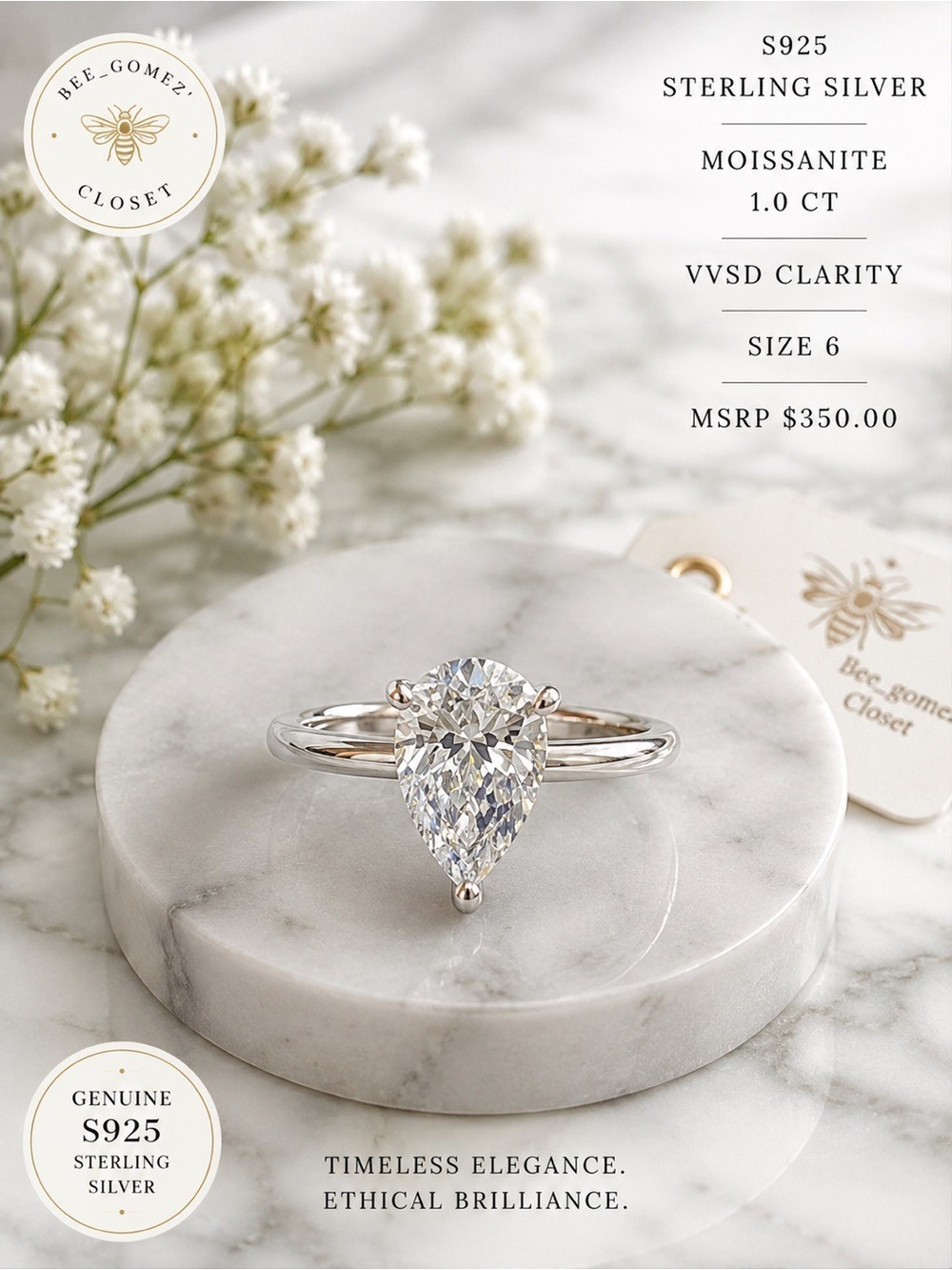 Pear Shaped 1CT Moissanite Sterling Silver Ring - Clear/Silver